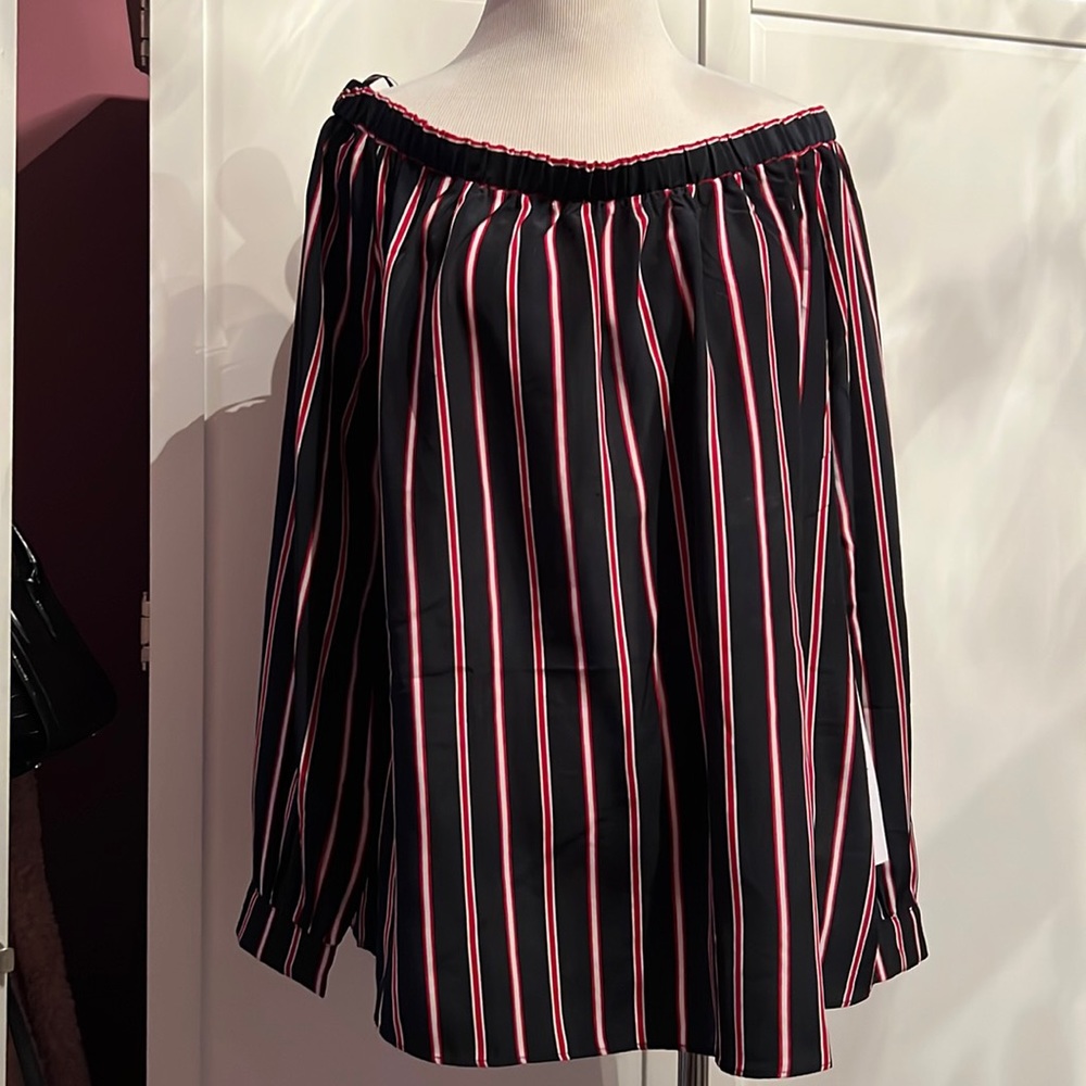 Polyester off the shoulder red, white, and navy striped top.
